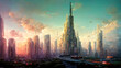 Leinwandbild Motiv High-rise buildings, flying vehicles, and lush vegetation all coexist in futuristic fantasy cityscape. Spectacular digital art 3D illustration. Acrylic painting.