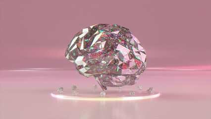 A large diamond brain stands on a platform surrounded by small brains. Polygonal. Pink background. 3d illustration