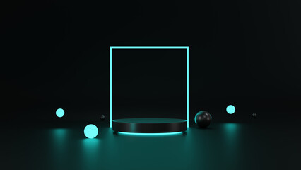 3D render of Cylinder podium with blue neon lights on dark background.podium for technology product presentation. empty dark. neon light display with blank backdrops.