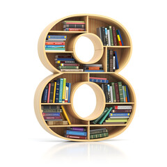 Poster - Number 8 eight in form of bookshelf with book and texbooks. Educational and learning conceptual font and alphabet.