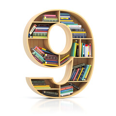 Poster - Number 9 nine in form of bookshelf with book and texbooks. Educational and learning conceptual font and alphabet.