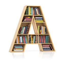 Poster - Letter A in form of bookshelf with book and texbooks. Educational and learning conceptual font and alphabet.
