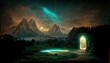 Magical portal, with mystical green light in a wooden frame