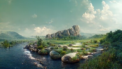 Wall Mural - Rocky landscape with a stormy mountain river on a summer day.