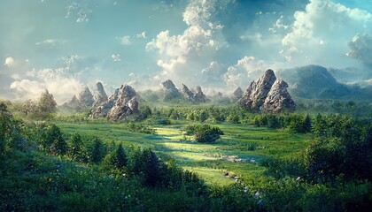 Fototapete - Summer day landscape, rocky mountains, field and blue sky.