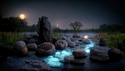 Wall Mural - Night landscape with rocks, trees, a pond and a field under the moon, starry sky.