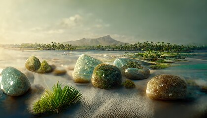 Poster - Landscape of the sea with blue sea water that washes stones, yellow sand shores and blue sunny sky