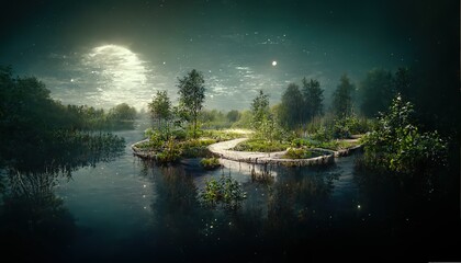 Sticker - Summer forest landscape with a lake. Moon in the night sky