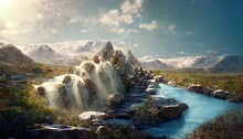Snowy Mountains On A Sunny Day, A Waterfall With Streams Of Water That Rush Into The River, Bushes
