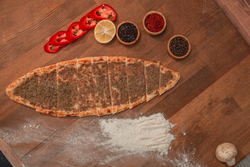 Wall Mural - Pita with minced meat turkish style wooden background and products stock photo
Appetizer, Asia, Bread, Breakfast, Cheese