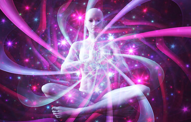 Wall Mural - Silhouette of a girl in Lotus position on the background of the mandala. A state of trance and deep meditation. A spiritual journey in the universe. 3d illustration.