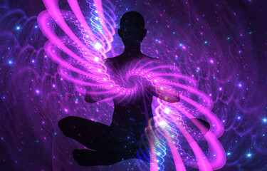 Wall Mural - Silhouette of a girl in Lotus position on the background of the mandala. A state of trance and deep meditation. A spiritual journey in the universe. 3d illustration.