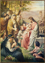 ENTREVES, ITALY - JUNY 12, 2022: The Painting Jesus Among The Children In The Church Santa Margherita By Börtrher (1922).