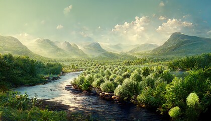 Poster - The mountain river starts at the foot of the mountain and flows along the green bushes downstream.
