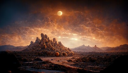 Poster - The sun, through puffs of smoke, illuminates the red planet Mars.
