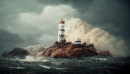 Poster - A lonely lighthouse stands on a rock in the midst of a storm.