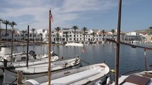 Boats And Cafe Restaurants In The Marina At Fornells, Menorca, Balearic Islands
