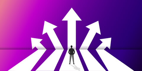 Poster - Businessman standing, having to decide which way to go An arrow pointing out five possible business scenarios for successful future business strategy goals. Vector illustration on purple background.