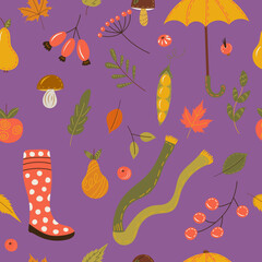 Wall Mural - seamless purple background with autumn items