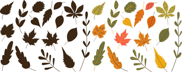 Wall Mural - set of autumn leaves in doodle style, vector