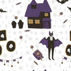 Wall Mural - Magic Halloween seamless pattern with carnival party characters