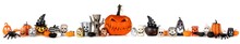 Halloween Display Of Jack O Lanterns, Pumpkins And Candle Holder Decor. Long Row Border Banner Isolated On A White Background.