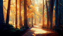 Spectacular Autumn Countryside With A Road Path Through A Dense Forest And Bright Golden Sunlight. Forest In Shades Of Orange And Teal In The Fall. Digital Art 3D Illustration.