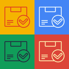 Poster - Pop art line Package box with check mark icon isolated on color background. Parcel box. Approved delivery or successful package receipt. Vector Illustration