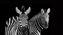 Black And White Portrait Two Zebras Standing Close Together Isolated On Black Background. Close Up Of The Heads. A Family Of Zebras Stand Side By Side. Common Zebra (Equus Burchellii) In Nice Poses