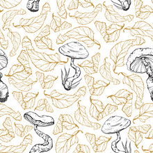 Vector Vintage Seamless Pattern With Hand Drawn Gold Leaves And Black Mushrooms On White Background For Autumn, Thanksgiving, Harvest, Menu, Card, Poster.
