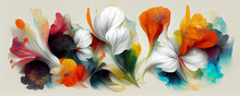 Abstract Floral Banner. Colorful Flowers On A Light Background. Horizontal Poster, Greeting Cards, Headers, Baner, Website. Digital Art. 3d Rendering.