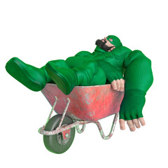 super hero cartoon with beard on suit is sleeping in wheelbarrow