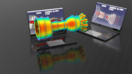 Wall Mural - 3D render- finite element analysis of a jet turbine