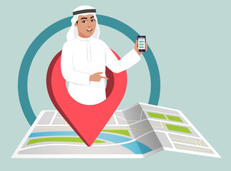 Arab Saudi man using GPS on phone to reach a location on map. Holding smart phone. Location icon with Muslim male pointing at address. Traveling via navigation technology or app with maps.