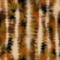 Wall Mural - Seamless tie dye pattern with brown, black, orange stains and beige vertical stripes. Psychedelic hippie texture. 70s style design motif