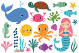 Fototapeta Fototapety na ścianę do pokoju dziecięcego - Ocean life, vector cartoon set (underwater world, animals, plants and cute mermaid)