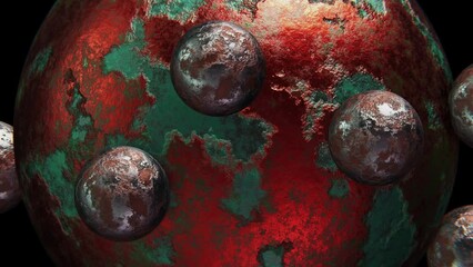 Wall Mural - Realistic satisfying looping 3D animation of the aged corroded copper sphere with orbital rolling small weathered silver metal spheres as satellites rendered in UHD as motion background