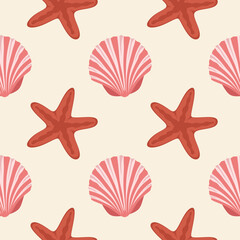 Wall Mural - Seashells Seamless pattern. Composition of scallop and starfish background.  Seashells pattern on Sand backdrop background. Exotic beach shellfish, clamshell. Vector illustration