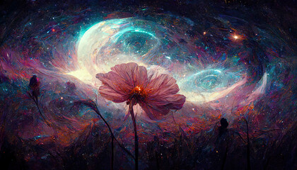 Wall Mural - Fantasy fairy tail abstract wallpaper with galaxy space Universe illustration in background with stars, planets and colorful blue, pink, red, orange, teal, turquoise clouds and sky with milky way