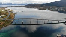 Flying over bridge in Lofoten, Norway 