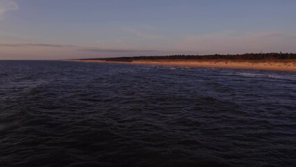 Wall Mural - Sandy beach washed by large foamy waves, drone video from the sea. Beach near low forest, bird's eye view.