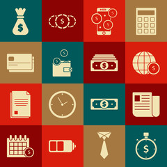 Wall Mural - Set Time is money, File document, Earth globe with dollar symbol, Smartphone, Wallet coins, Credit card, Money bag and Stacks paper cash icon. Vector