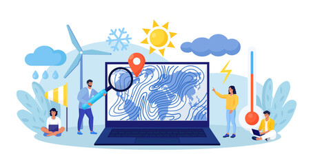 Meteorology, geophysics, weather prediction. Meteorologist studying and researching weather, climate condition online on laptop with world cyclone map. Forecasters work in meteorological center