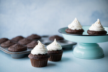 Wall Mural - chocolate cupcake with white icing on blue background