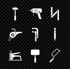 Sticker - Set Hammer, Electric drill machine, Folding ruler, Construction stapler, Sledgehammer, Hacksaw, Leaf garden blower and Clamp tool icon. Vector