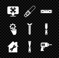 Sticker - Set Location with wrench, Chainsaw, Construction bubble level, House repair, Putty knife, Electric drill machine, Settings the hand and Metallic screw icon. Vector