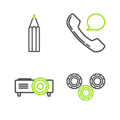 Sticker - Set line Gear, Presentation, movie, film, media projector, Telephone handset and speech bubble chat and Pencil icon. Vector