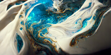 Spectacular Image Of White And Blue Liquid Ink Churning Together, With A Realistic Texture And Great Quality For Abstract Concept. Digital Art 3D Illustration.