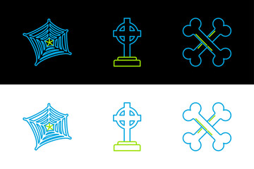 Sticker - Set line Crossed bones, Spider web and Tombstone with cross icon. Vector