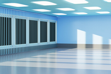 Poster - Empty spacious room. Non-residential premises with large windows. Spacious office with blue walls. Long blinds on windows. Rays sun light are reflected on floor. Room for business purposes. 3d image